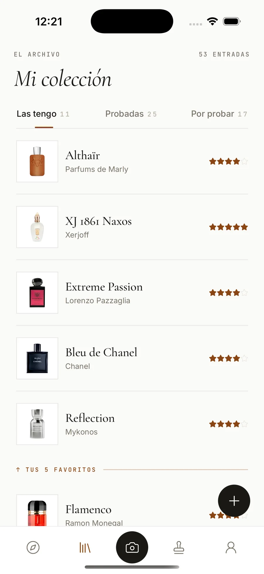 La pantalla Mi colección en ScentPass, con las fragancias bajo la pestaña Tengo