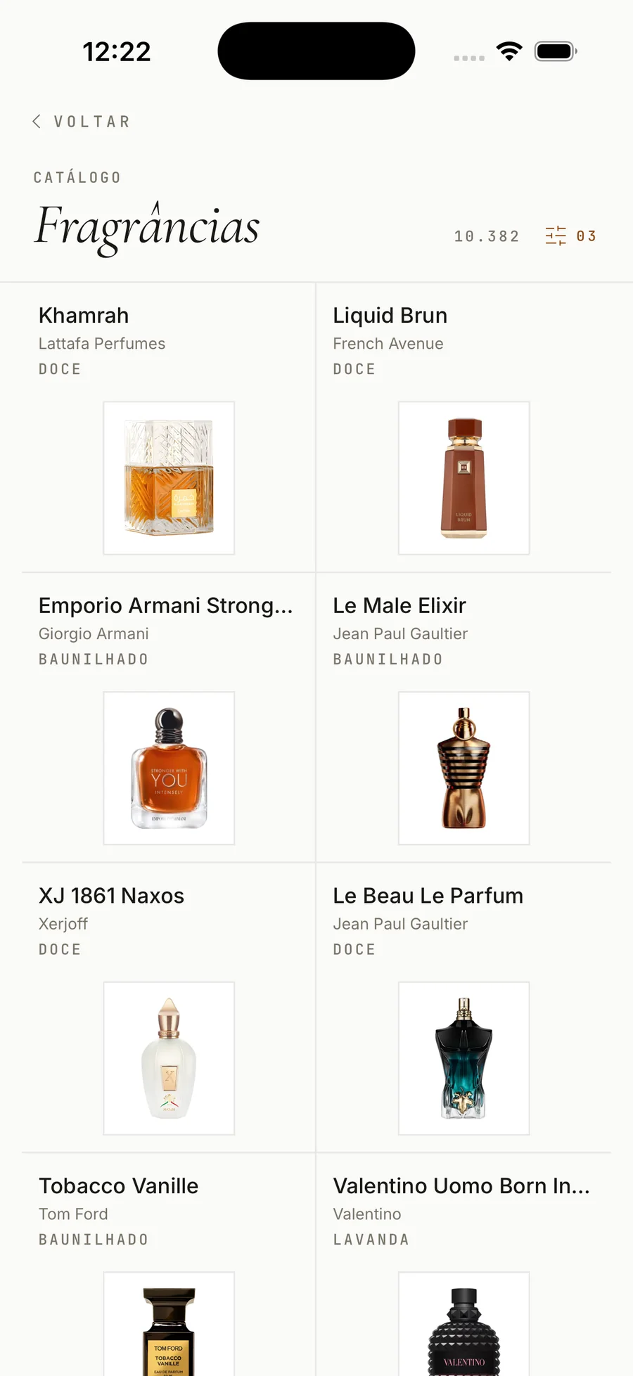 O catálogo de fragrâncias do ScentPass com vários filtros aplicados