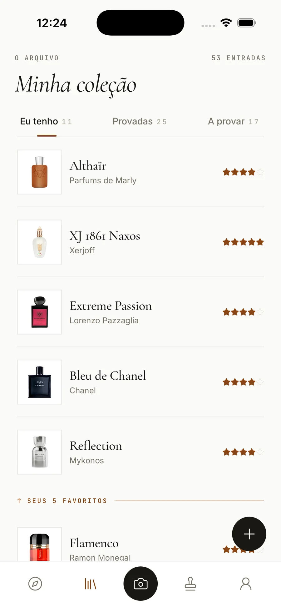 A tela Minha coleção no ScentPass, com as fragrâncias na aba Tenho