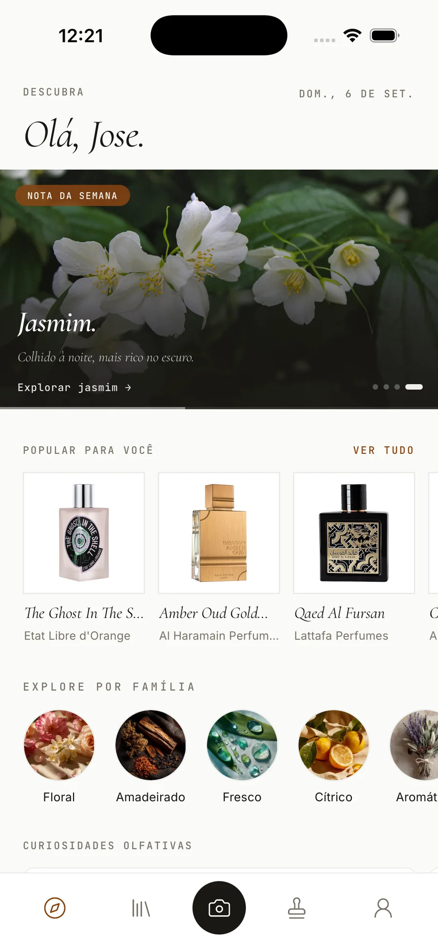 A tela Descobrir no ScentPass, com a nota da semana e recomendações personalizadas