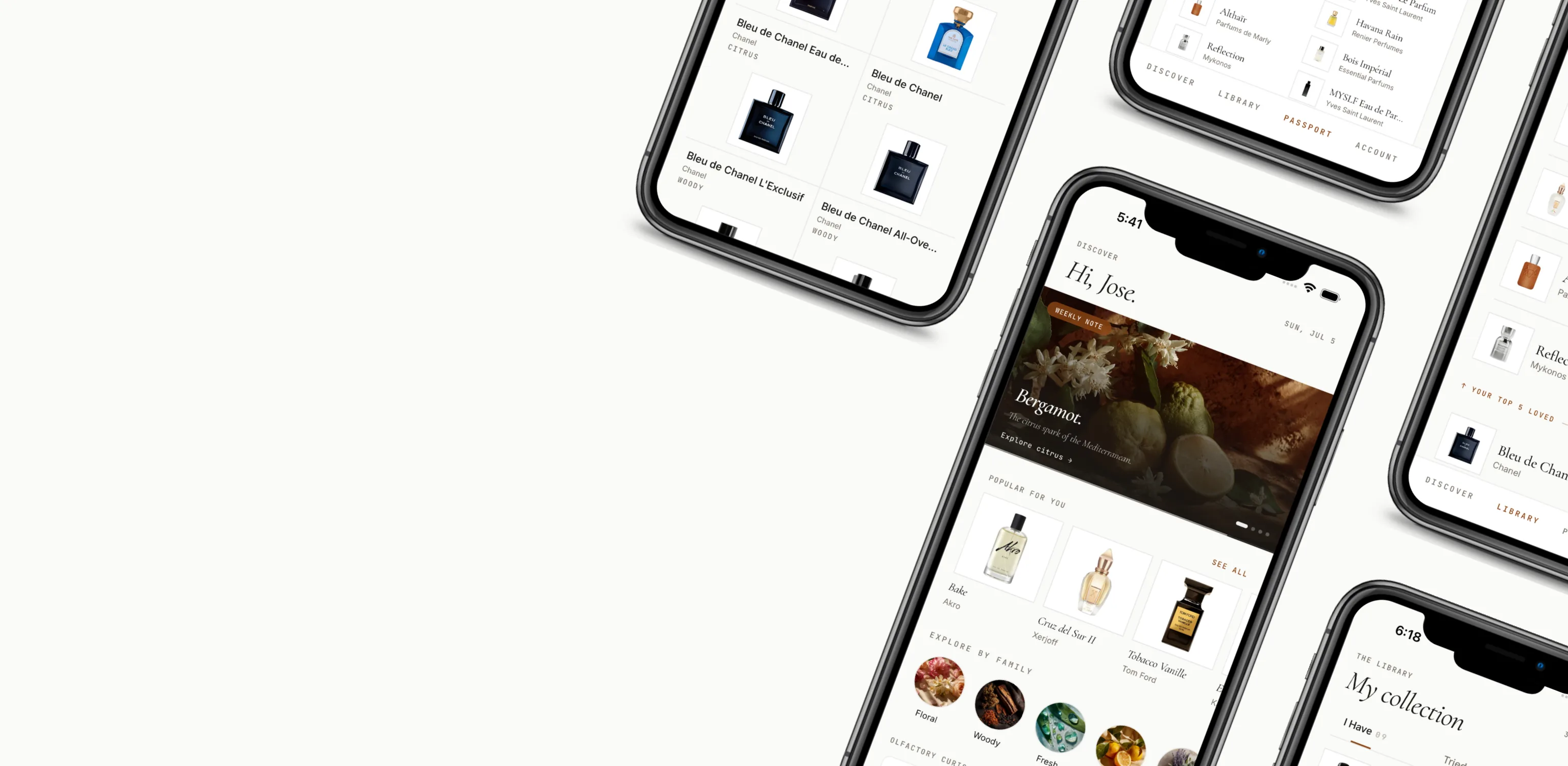 ScentPass running on several phones, showing the collection, discover and passport screens