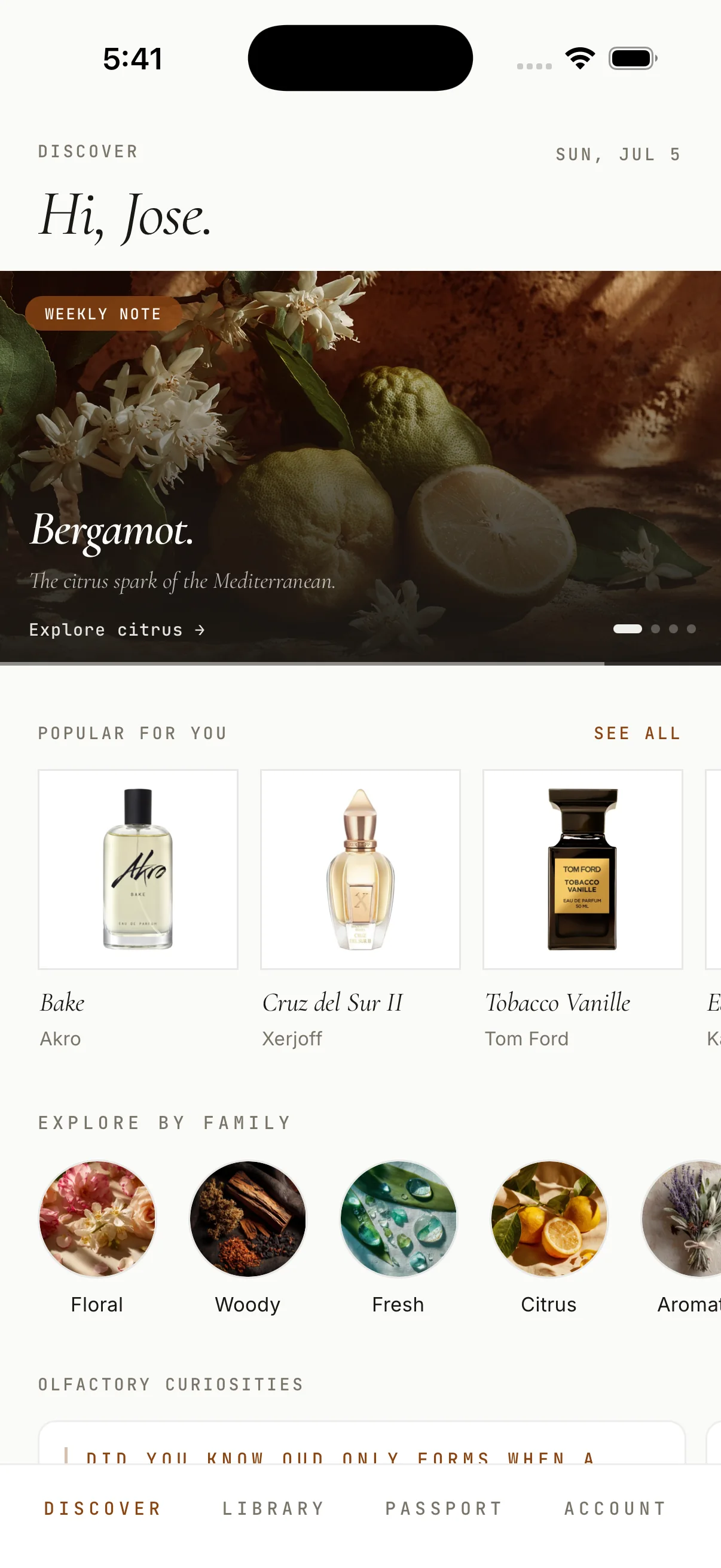 The Discover screen in ScentPass, showing personalised picks and fragrance families